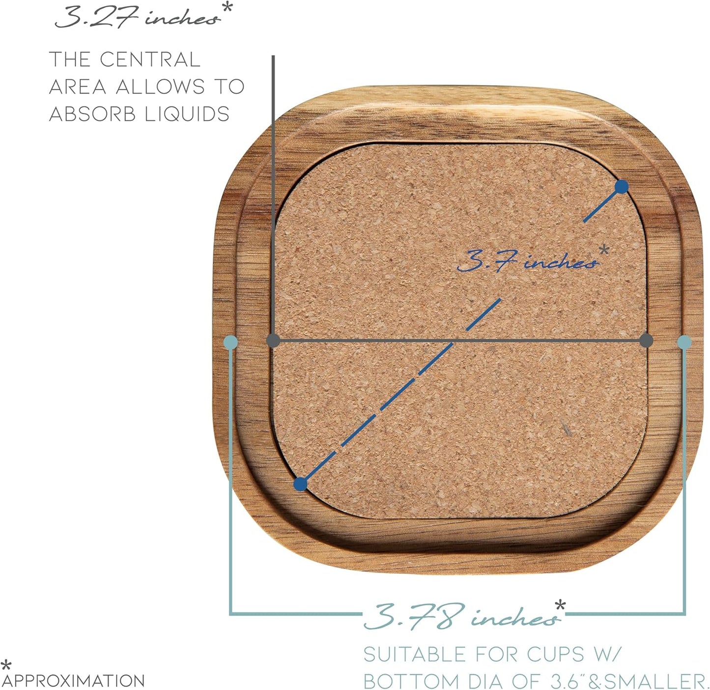 Acacia Wood Coasters for Drinks, 4.13 Inch, Set of 6, Squircles Insulation and Absorbent Cork Stackable Cup Holder, Rustic Coasters for Coffee Table, Designed by S1EGAN