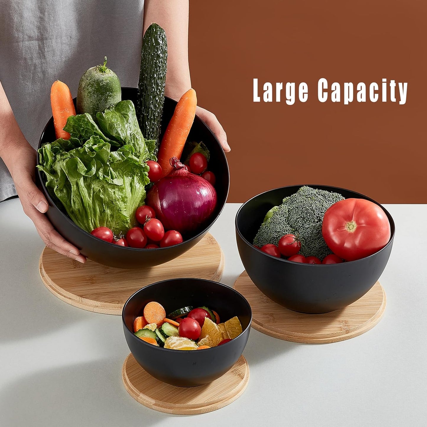 JOYMAY Salad Bowls, Mixing Bowl Salad Bowl Set, Natural Bamboo Fiber Serving Bowl Set of 3 with Bamboo Wood Lid, Nesting Bowls for Salads,Pastas(Black,10",8",6")