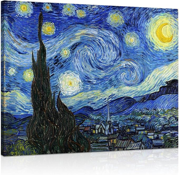 Van Gogh Canvas Wall Art: Starry Night Landscape Painting Picture Reproduction by 1KINGO