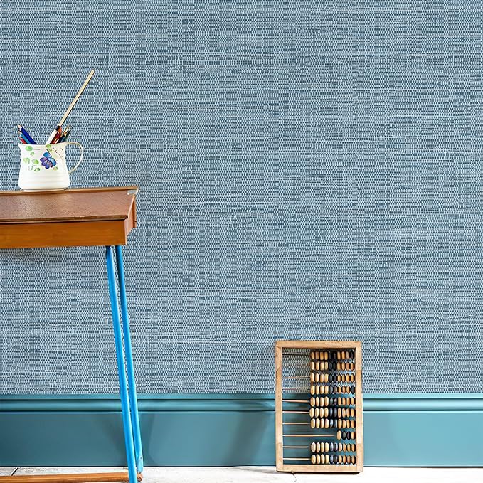 JiffDiff Grasscloth Wallpaper Peel and Stick Blue Grassweave Stick on Wallpaper - Image 3