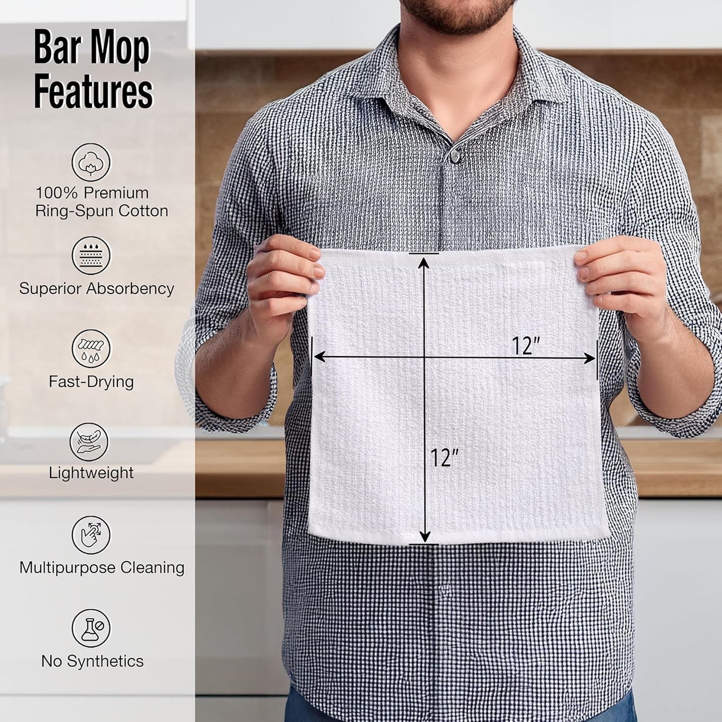 Bar Mop Cleaning Kitchen Dish Cloth Towels,100% Cotton, Machine Washable, Everyday Kitchen Basic Utility Bar Mop Dishcloth Set of 12, White