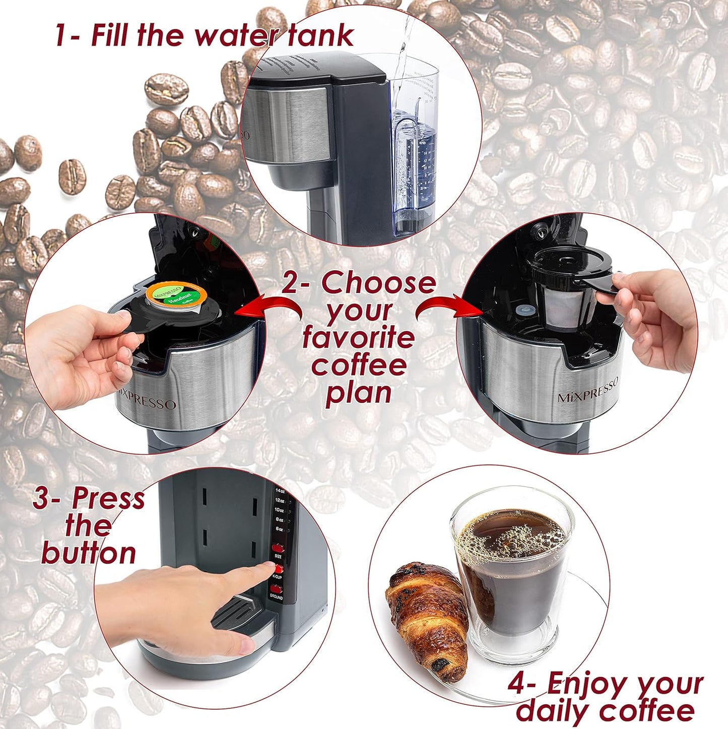 Mixpresso Gray Single Serve Coffee Brewer K-Cup Pods Compatible & Ground, 30 oz Compact Coffee Maker Single Serve With 5 Brew Sizes Up To 14 Oz, Fits Travel Mug, Adjustable Drip Tray
