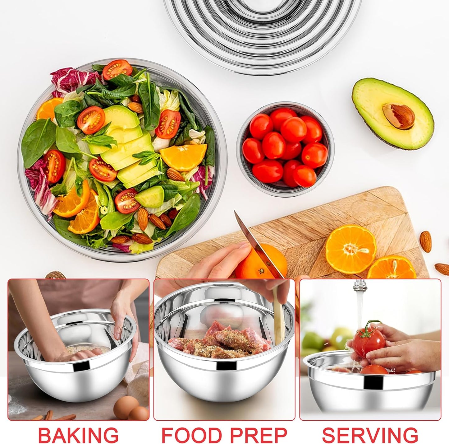 E-far Mixing Bowls with Lids Set, 7-Piece Stainless Steel Mixing Salad Bowls with 3 Grater Attachments, Size 4.6, 3.5, 2.6, 2, 1.5, 1, 0.7QT, Nesting Design & Red Airtight Lids, For Baking/Cooking