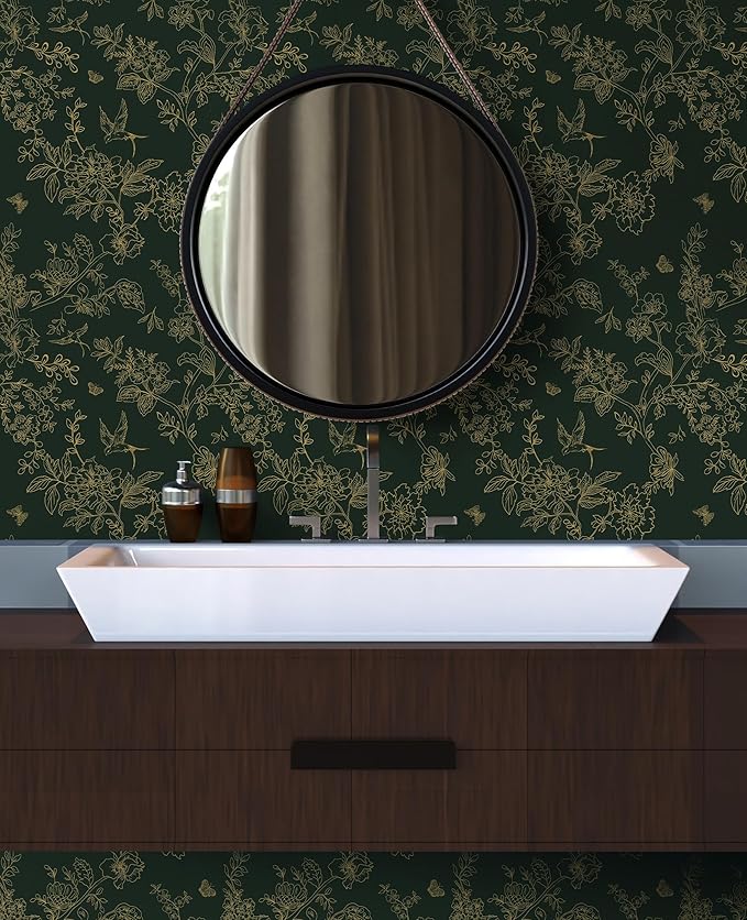 Froluya Dark Green and Gold Wallpaper Floral Peel and Stick Wallpaper - Image 2