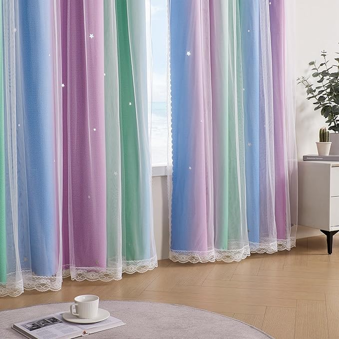XiDi Curtains for Bedroom Decor, Rainbow Green PurpleBlue52/90/1 - Image 5