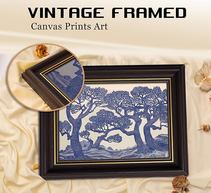 Vintage Gold Framed Wall Art Oak Tree Forest Painting Canvas Prints Blue - Image 3