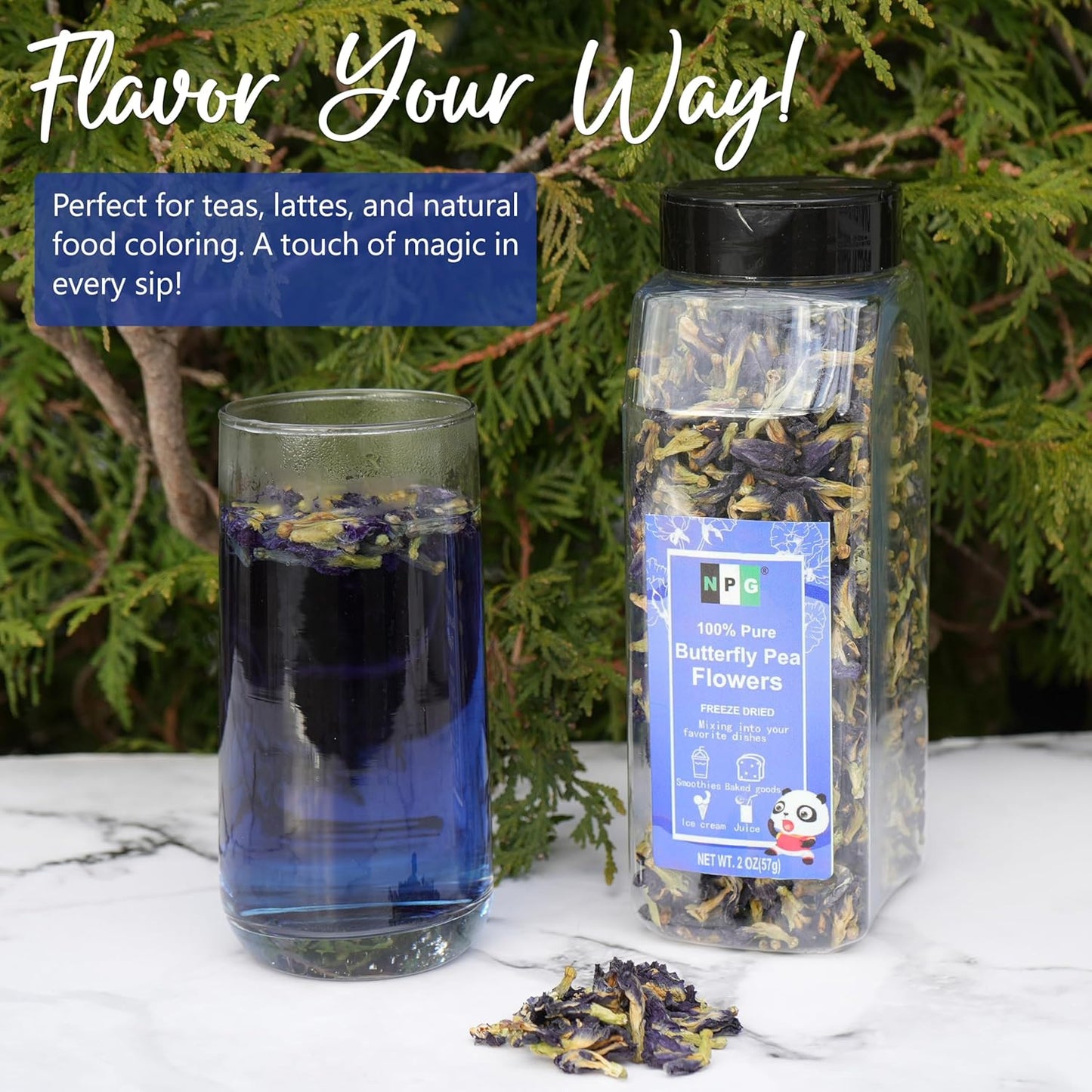 NPG Blue Butterfly Pea Flower Tea 2 Oz, Whole Flower Buds Loose Leaf, Natural Non-GMO Blue Food Coloring for Iced Tea, Cocktails, Caffeine-Free, Approx. 875 Ct