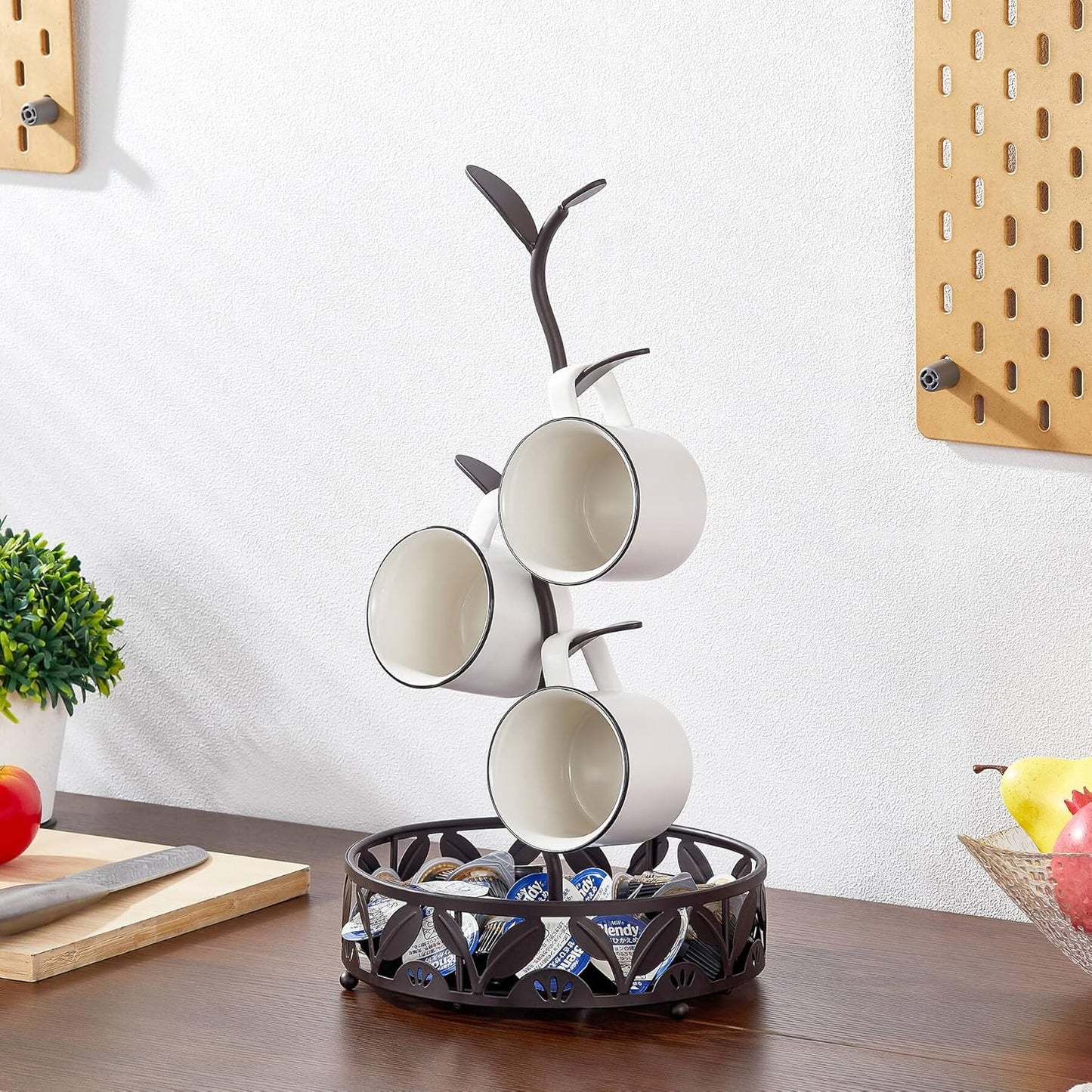 Mug Holder Stand, Countertop Mug Tree, Coffee Pod Holder with Mug Rack, Coffee Counter Bar Accessory & Kitchen Organizer