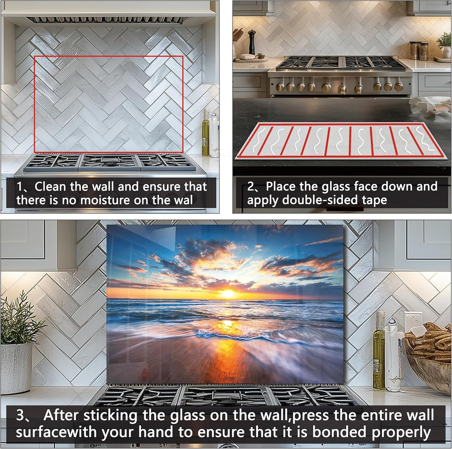 Tempered Glass Backsplash For Kitchen Behind Stove,Sea Beach Stove Backsplash Top Cover,Easy to Clean Glass Splashback, Sink Cover Splash Guard,Home Kitchen Wall Decor (30"x30"(76.2x76.2cm))