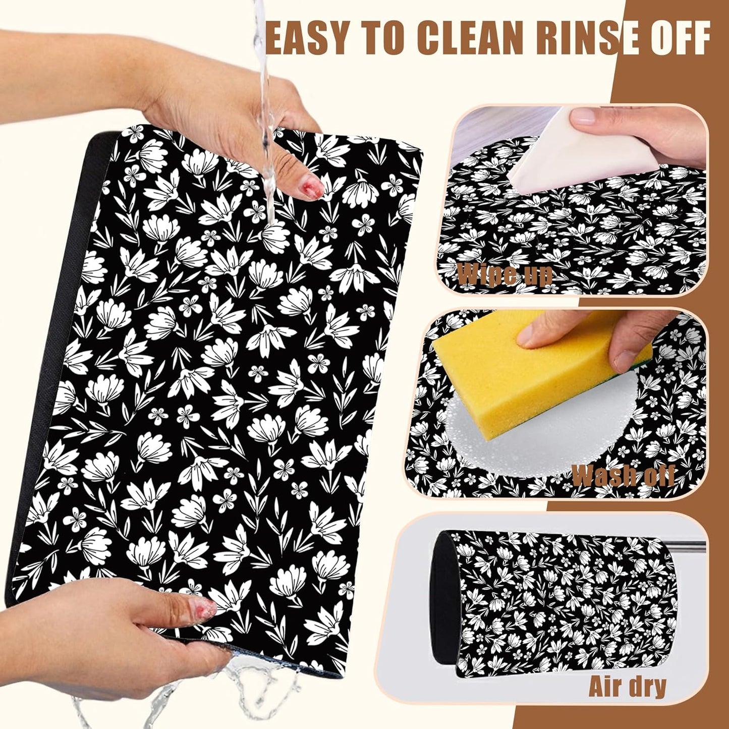 Black and White Flowers Dish Drying Mat for Kitchen Counter Coffee Bar Mat Hide Stain Absorbent Rubber Backed Drying Rack Pad Espresso Machine Coffee Table Accessories 15.7 x 23.6 Inch
