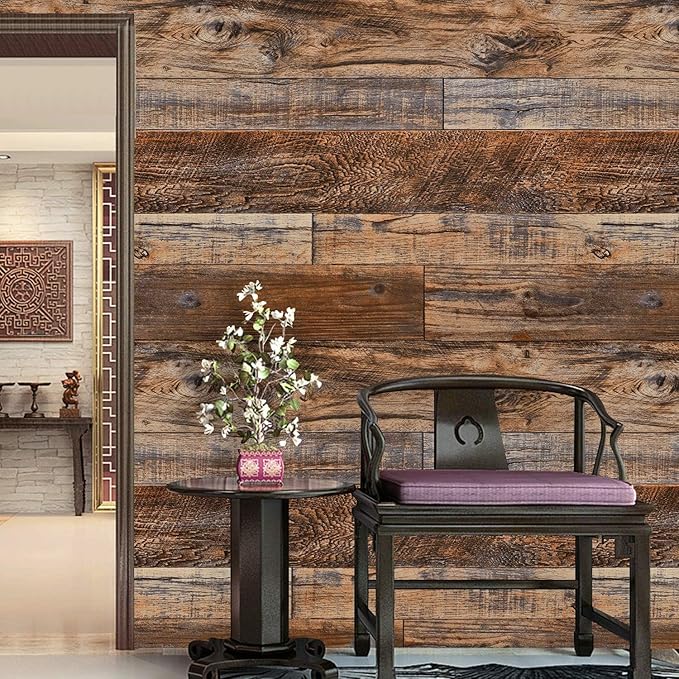 WENMER 23.6" x 394" Brown Wood Peel and Stick Wallpaper Shiplap Self Adhesive - Image 2