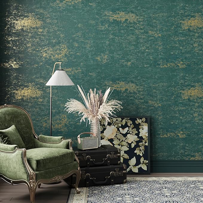 VEELIKE Distressed Teal Gold Metallic Wallpaper Peel and Stick Industrial Green - Image 3