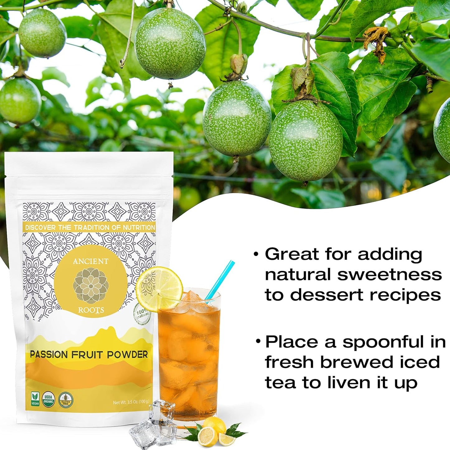 Ancient Roots Passion Fruit Powder- All-Natural Food Coloring, Flavoring Powder, Filled with Antioxidants, Vitamin C, and Fiber, Cocktail Mix, Smoothie Mix -Stocking Stuffers , 25 Servings (3.5 ounces)
