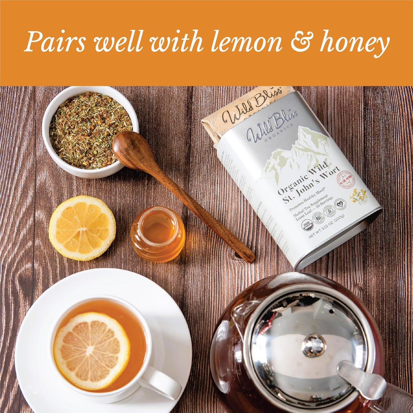 Wild Bliss Organic St Johns Wort Tea - Caffeine Free Mood Balance Support Herbal Tea - Pharmacopoeia Potency - Loose Leaf 3.52 Oz - 50 Servings