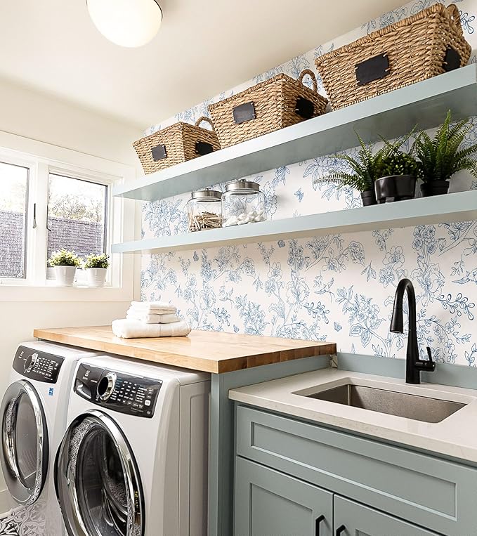 Froluya Cream White and Blue Floral Wallpaper Peel and Stick Wallpaper - Image 6