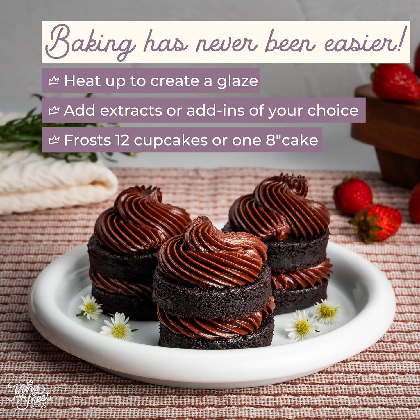 King Street Baking Co Chocolate Frosting Mix - 4 Ingredient Icing for Cake - Real Cocoa, Vanilla - Frosts 12 Cupcakes (3Pack)