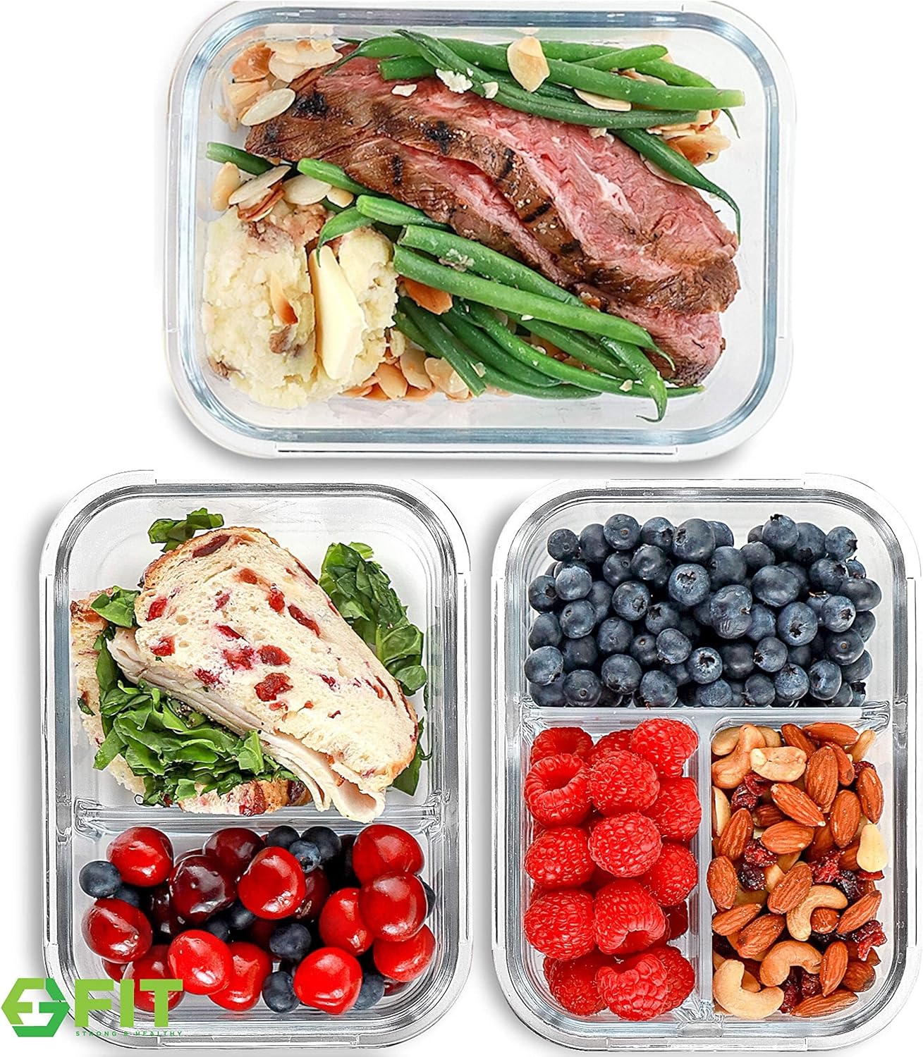 FIT Strong & Healthy Glass Meal Prep Containers with Lids, 1 & 2 & 3 Compartments – Portion Control Containers, Glass Lunch Box, Food Storage, Leak-Proof, Oven & Freezer Safe, 35 oz, Blue, 3 Pack
