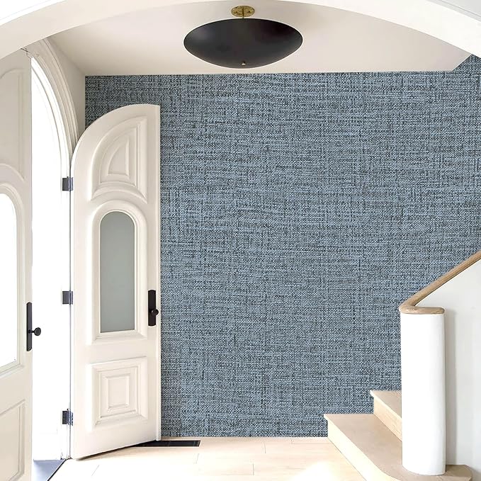 Amiya Grasscloth Wallpaper 17.3"x80" Blue Peel and Stick Faux Fabric Linen - Image 9