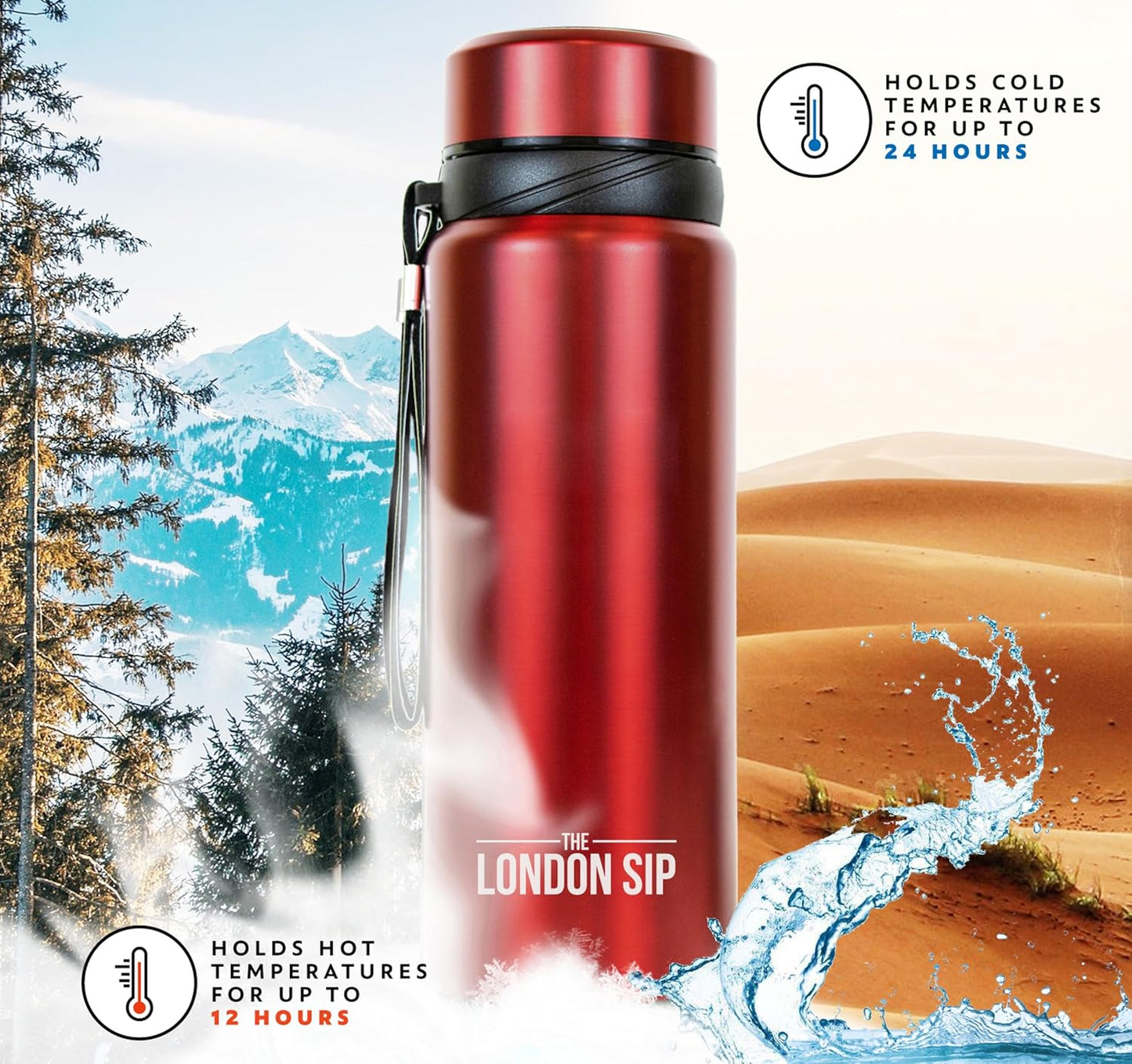 London Sip 25 oz Multi-Function Travel Mug and Tumbler Tea Infuser Water Bottle Fruit Infuser Flask Hot and Cold Double Wall Stainless Steel Coffee Thermos, Sacred Red