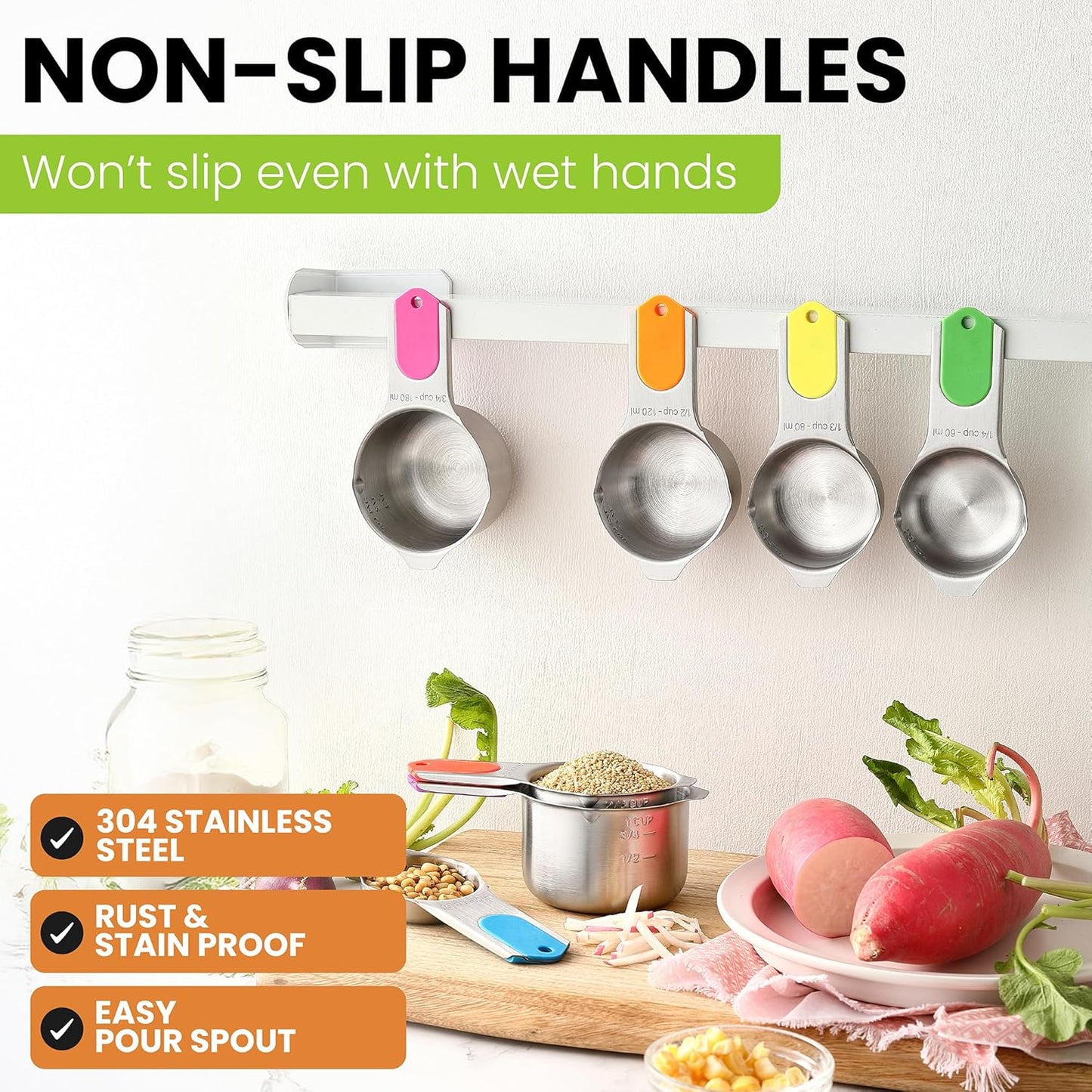 Spring Chef Magnetic Stainless Steel Measuring Cups (Patent Pending), Kitchen Tools with Easy to Read Markings for Measuring Dry or Liquid Ingredients, Set of 7, Neon