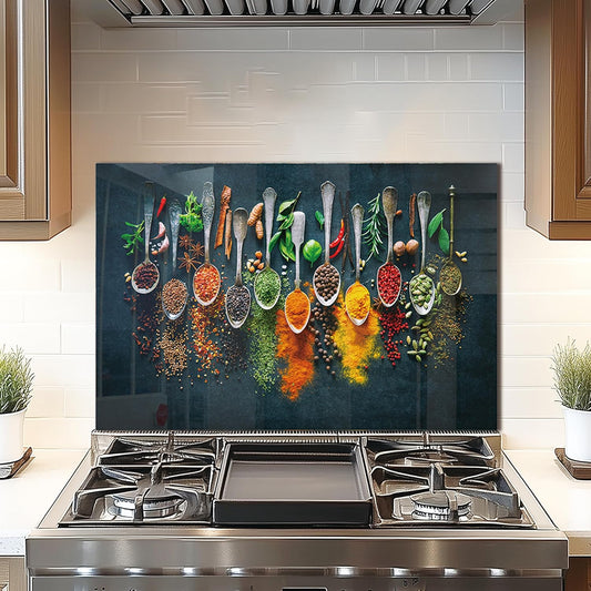 DAIFURONGE Tempered Glass Stove Backsplash Panel - Artistic Spice Design | Heat-Resistant Splash Guard, Kitchen Wall Decor,(30"x20"
