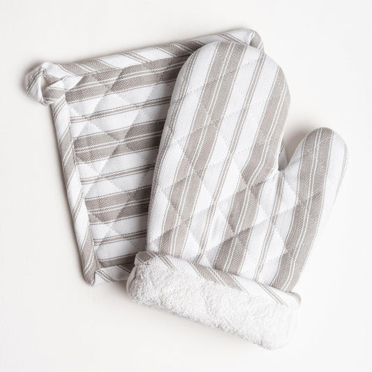 Oven Mitt & Potholder Set - Durable Heat Resistant Gloves - Thick Mittens for Kitchen - Suitable for Cooking, Baking, Grilling – BBQ - 1 Oven Mitts & 1 Potholders – Light Grey Stripes - Casa De Lan