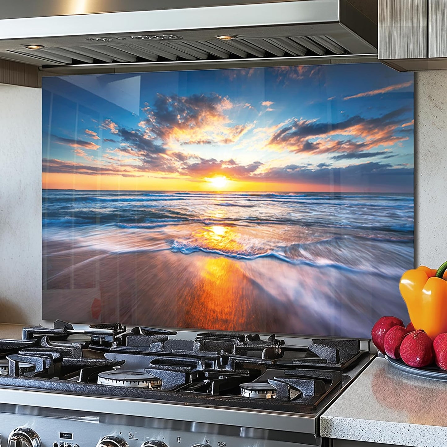 Tempered Glass Backsplash For Kitchen Behind Stove,Sea Beach Stove Backsplash Top Cover,Easy to Clean Glass Splashback, Sink Cover Splash Guard,Home Kitchen Wall Decor (30"x18"(76.2x45.72cm))