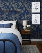 Froluya Dark Blue and Gold Vintage Floral Peel and Stick Wallpaper 17.7"x118.1" - Image 2