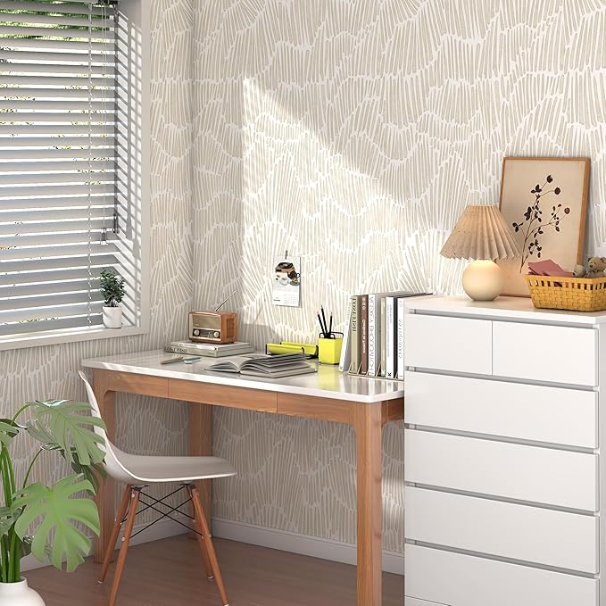 Theper Beige Peel and Stick Wallpaper Boho 17.3"×118" Modern Striped Removable - Image 5