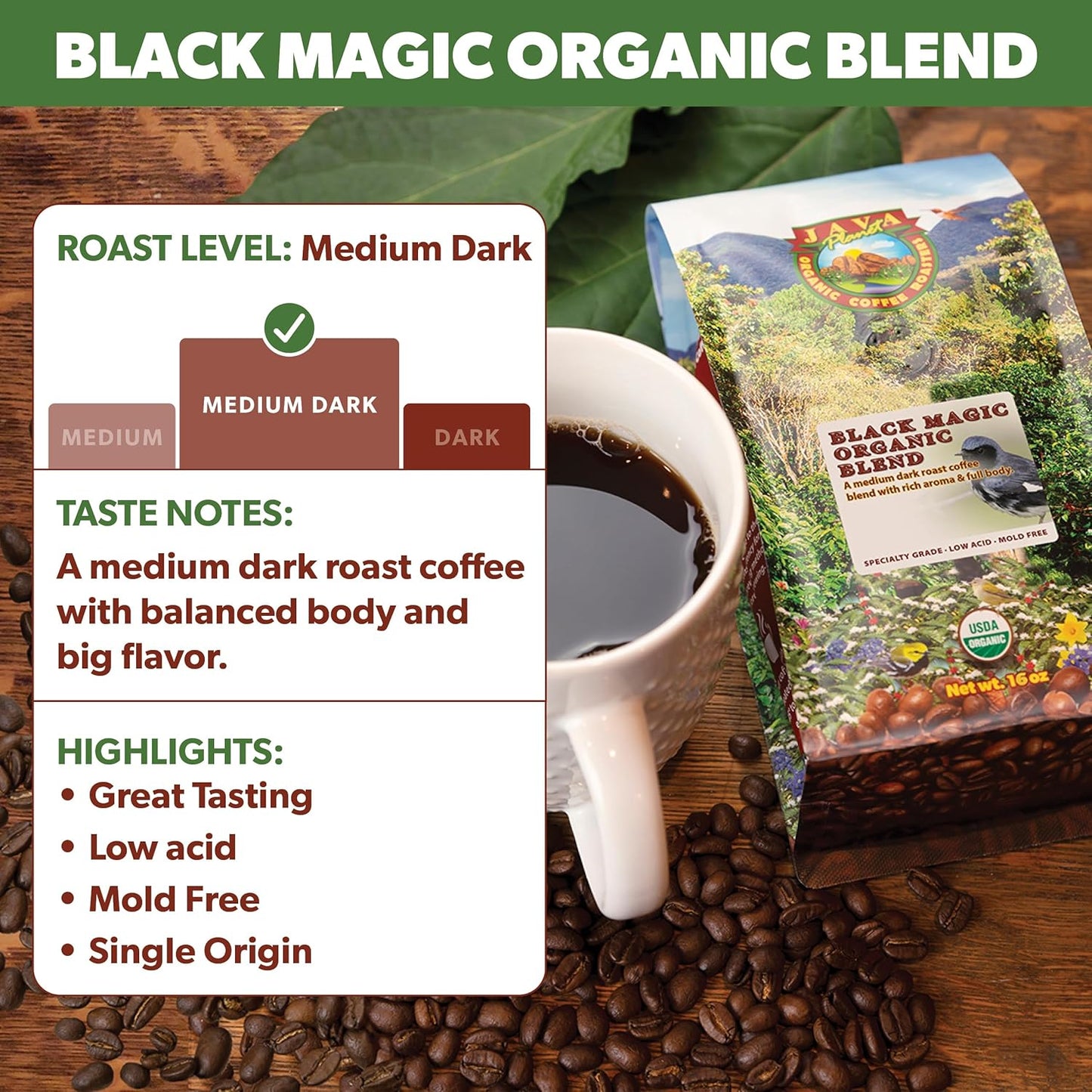 Low Acid Organic Coffee – Whole Bean, Mold-Free & Stomach Friendly by Java Planet, Black Magic Blend Coffee, Medium Dark Roast, Smooth Full Flavored, 5LB Bag