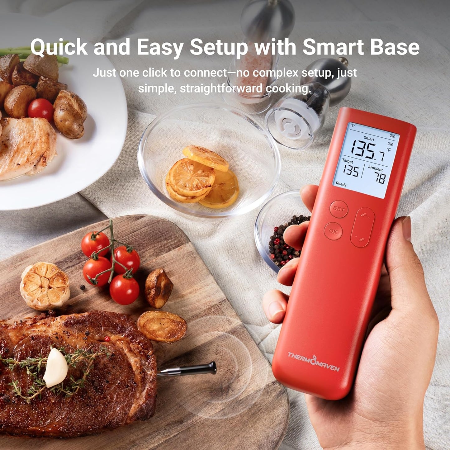 Smart Bluetooth Wireless Meat Thermometer, 10X Enhanced Sub-1G Signal and Stability, Standalone Display Base, Certified Accuracy ±0.5°F, WiFi Unlimited Range for BBQ, Oven, Smoker, Grill