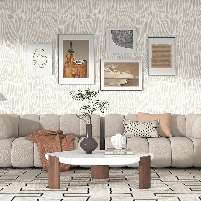 Theper Beige Peel and Stick Wallpaper Boho 17.3"×118" Modern Striped Removable - Image 4