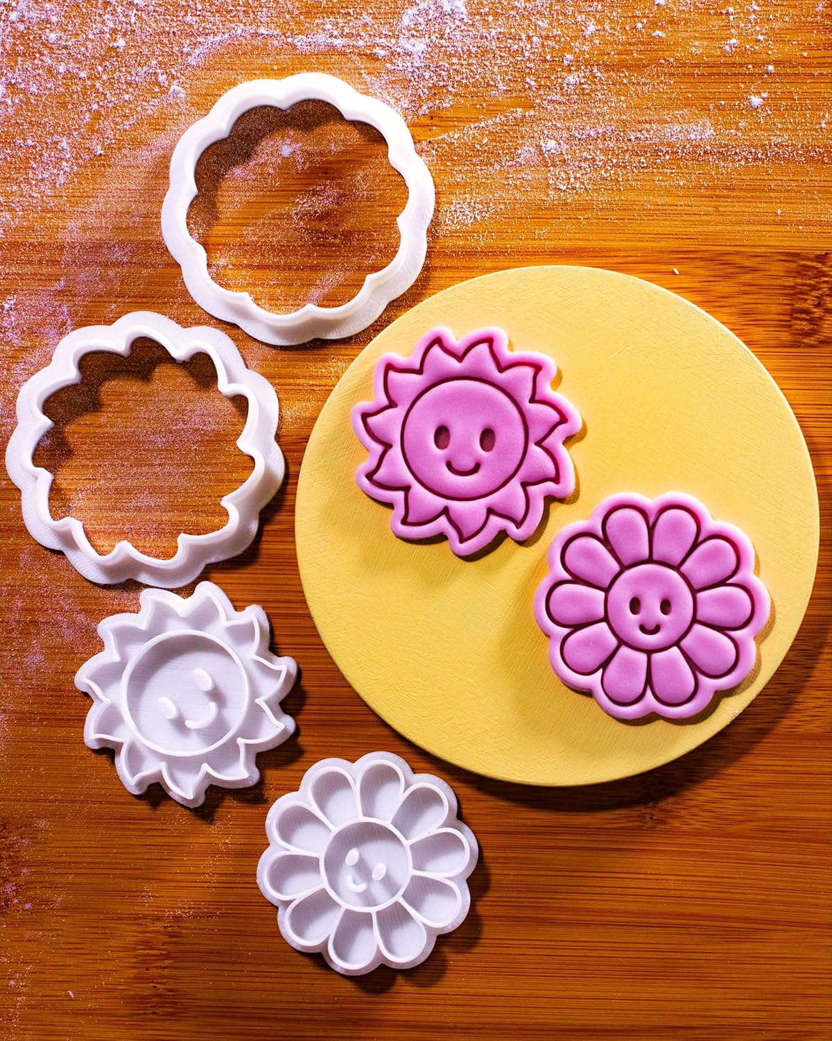 BAKERLOGY Happy Days - Mini 2" Cookie Cutter & Stamp Set - Happy Daisy & Happy Sun Design for Easter, Summer & Spring Cookies, Cupcakes & Fondant Decorations