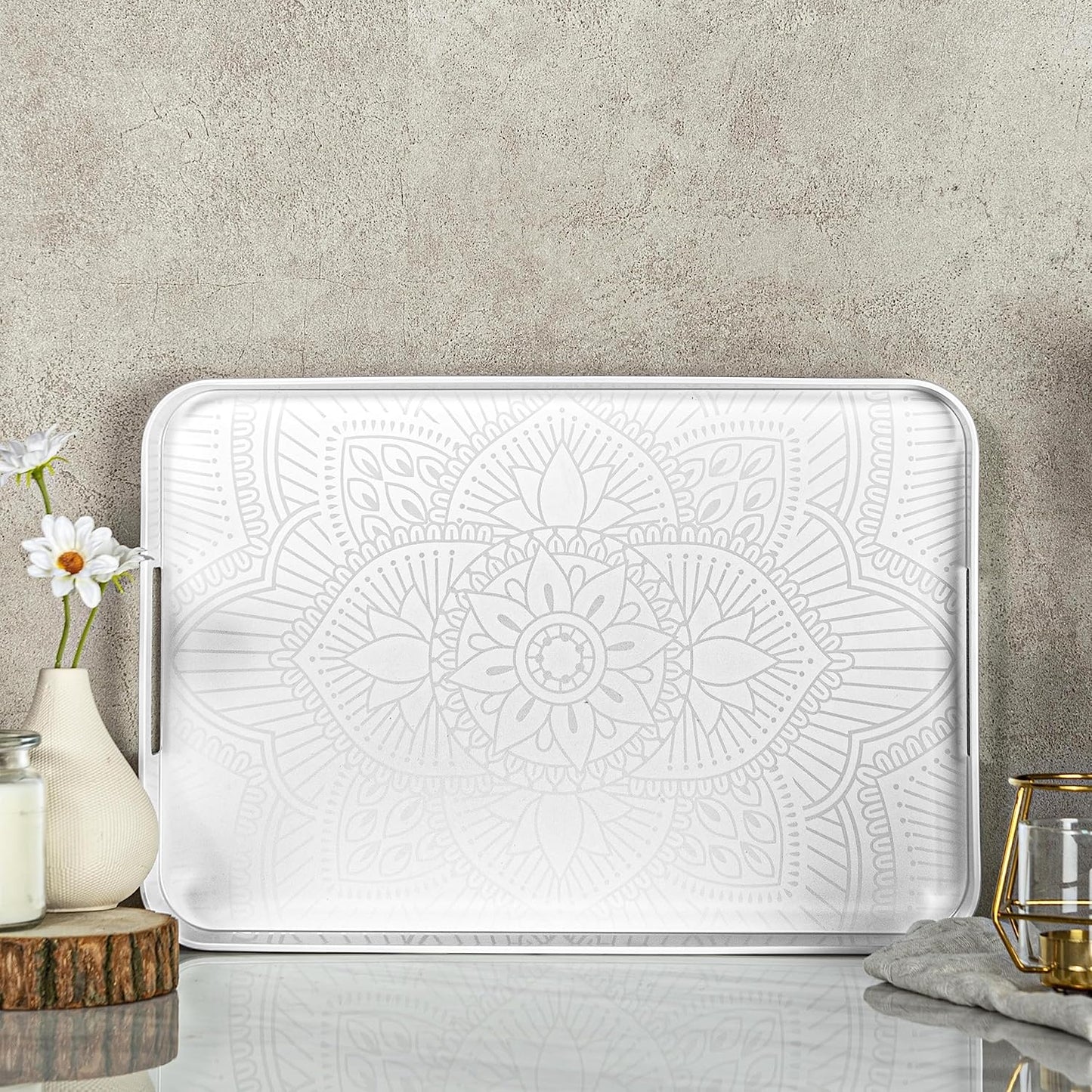 Bzyoo Melamine Gallery Tray -11.5in x 16inch Large Rectangle Serving Tray with Handle for Entertaining, Ottoman and Kitchen Counter Decor, Decorative Home Coffee Table Tray or Vanity Tray - White