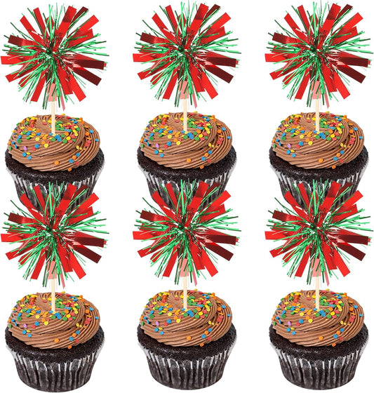 30 PCS Foil Firework Cupcake Toppers Sparkle Tinsel Cupcake Picks Happy Birthday Cake Decorations Drink Stirrers Cocktail Food Fruit Toothpicks for Baby Shower Graduation Party Supplies Red Green
