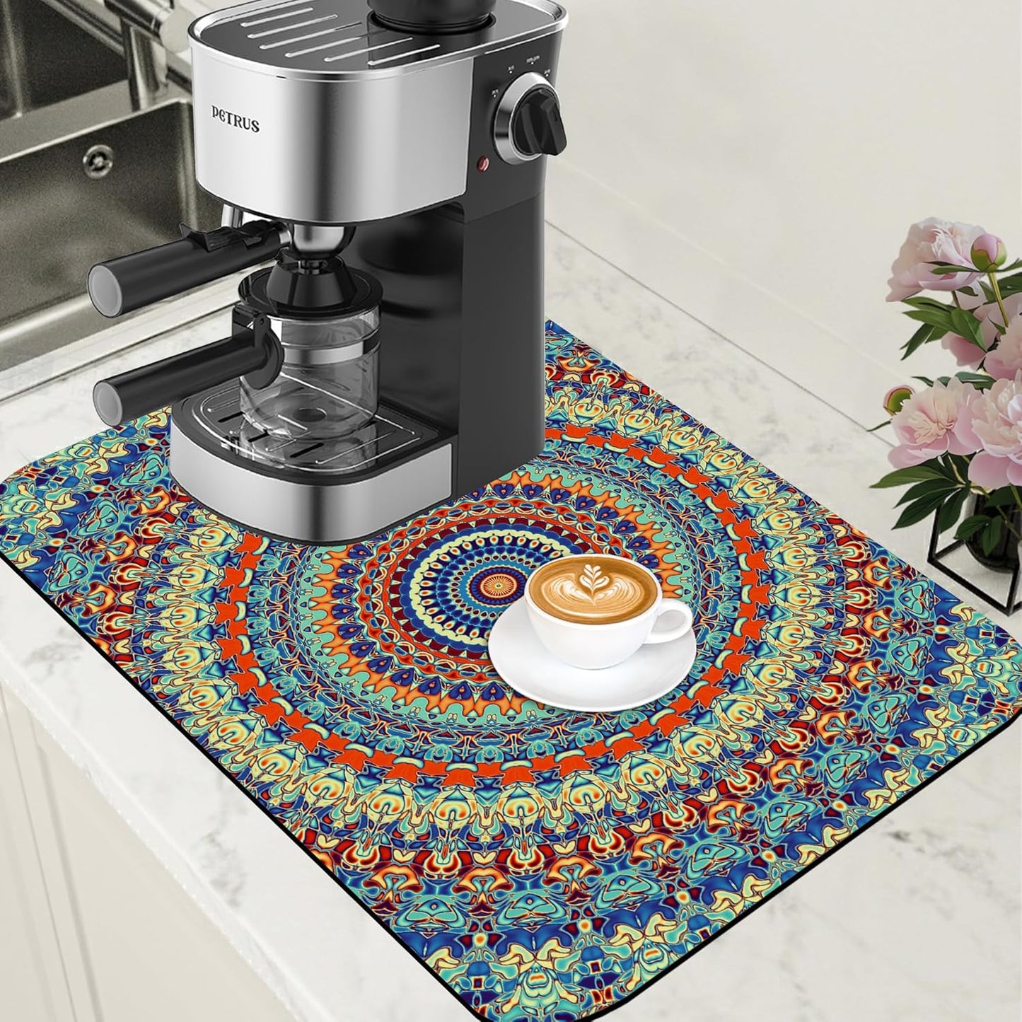 Boho Mandala Ethnic Coffee Mat Absorbent Dish Drying Mat for Kitchen Counter Hide Stain Rubber Backed Coffee Bar Accessories Fit Under Espresso Machine Dish Drainer 15.7 x 23.6 Inch