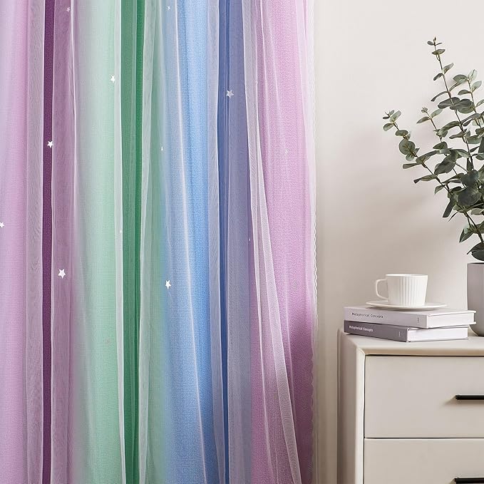 XiDi Curtains for Bedroom Decor, Rainbow Green PurpleBlue34/45/1 - Image 2