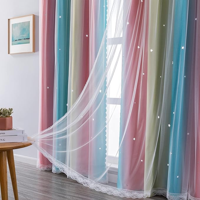 XiDi Curtains for Bedroom Decor, Rainbow Pink-Blue-34-54 - Image 5