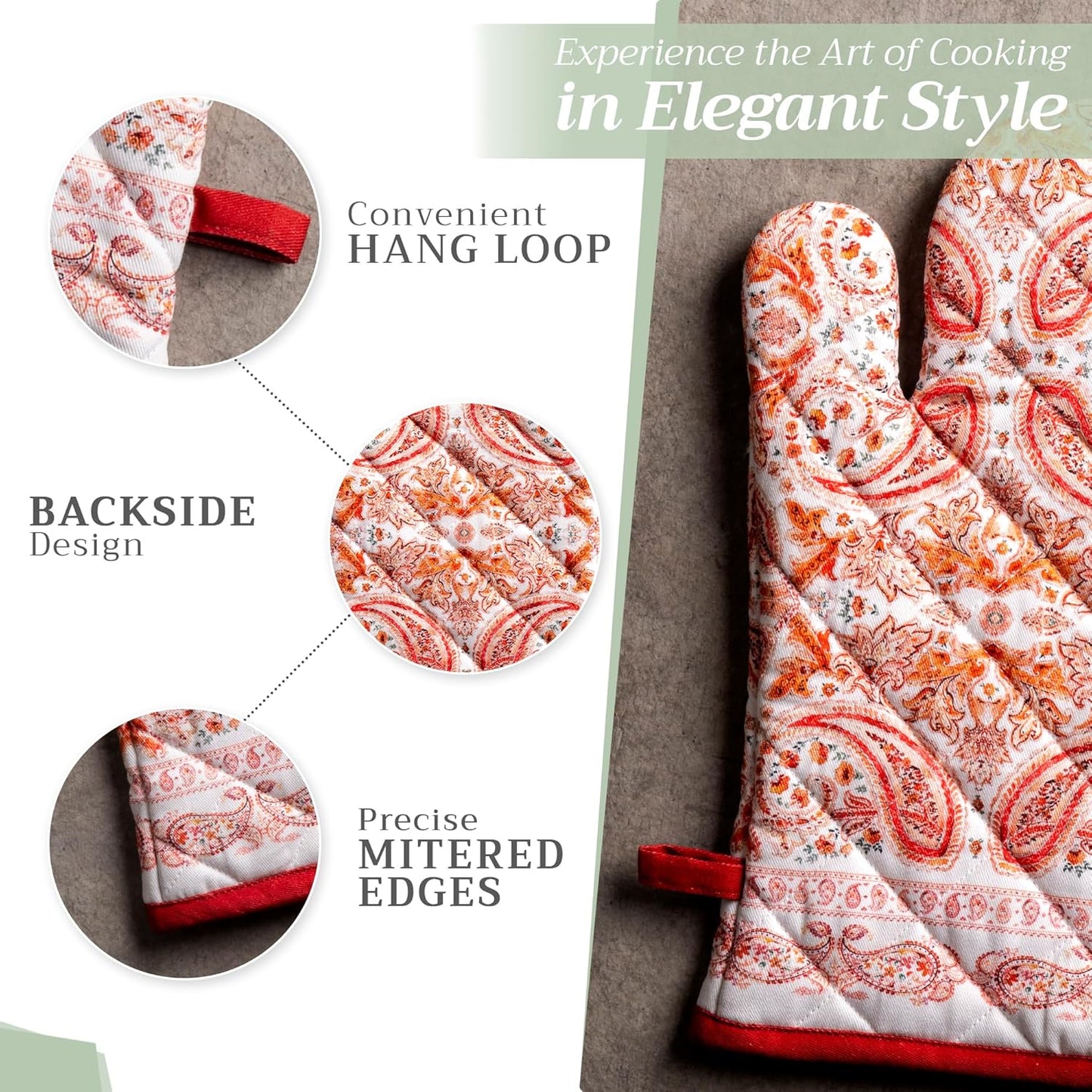 Maison d' Hermine Oven Gloves 100% Cotton Oven Mitt 7" x 13" with Loop Heat Resistant, BBQ, Cooking Gloves, Baking, Grilling, Kitchen, Handling Hot Pans (Pack of 1, Orient)