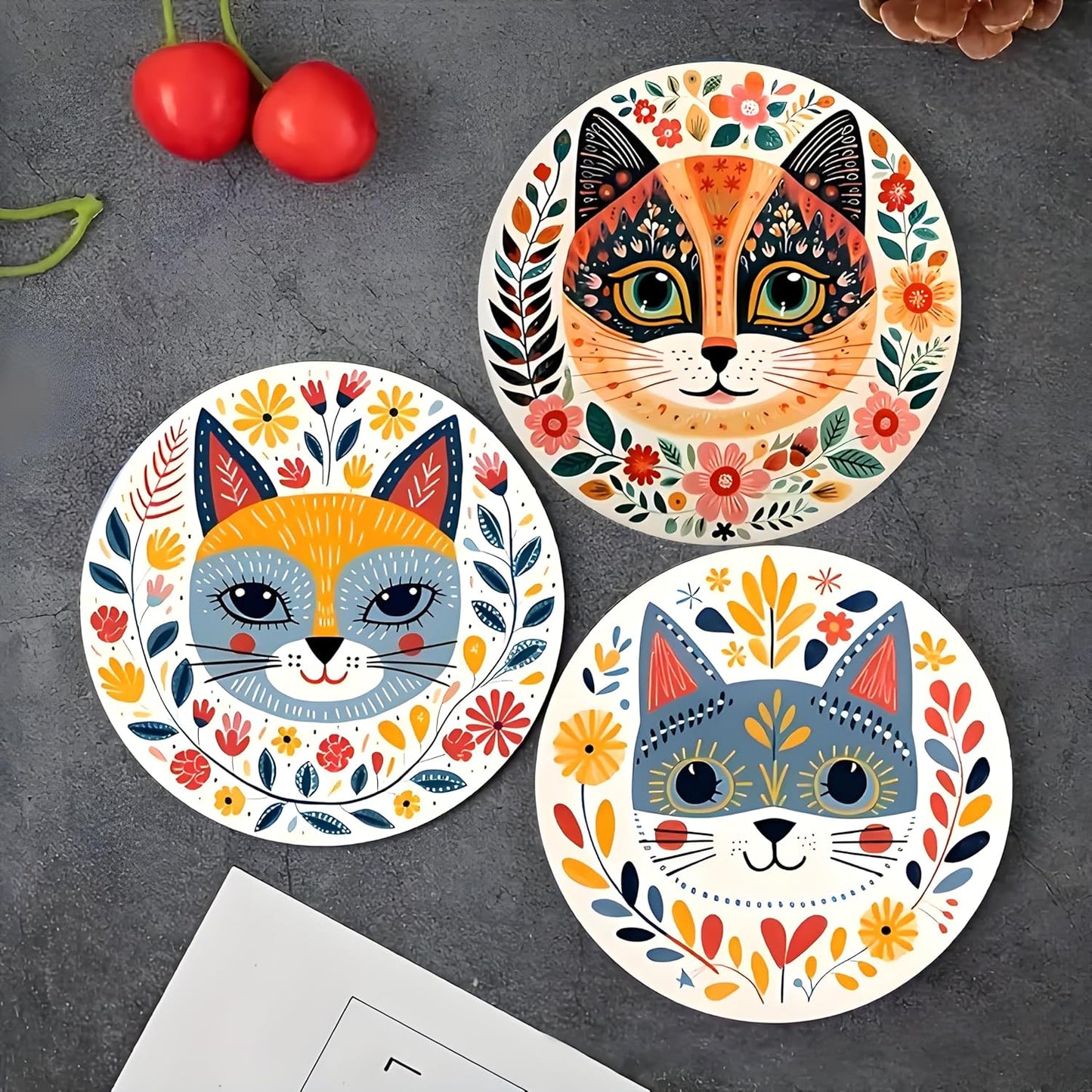Wood Coasters Set of 6 - Handcrafted Drink Coaster Thick Heat-Resistant for Office, Bar, Farmhouse - Cute Cat Drink Cup Coasters for Table Protection