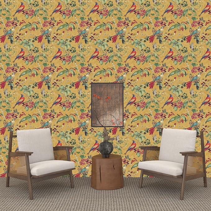 Yellow Boho Wallpaper Peel and Stick, Vintage Floral Bird Contact Paper - Image 7