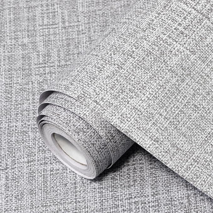 Grey Grasscloth Peel and Stick Wallpaper 17.3"x1200" Faux Linen Textured by Uooar