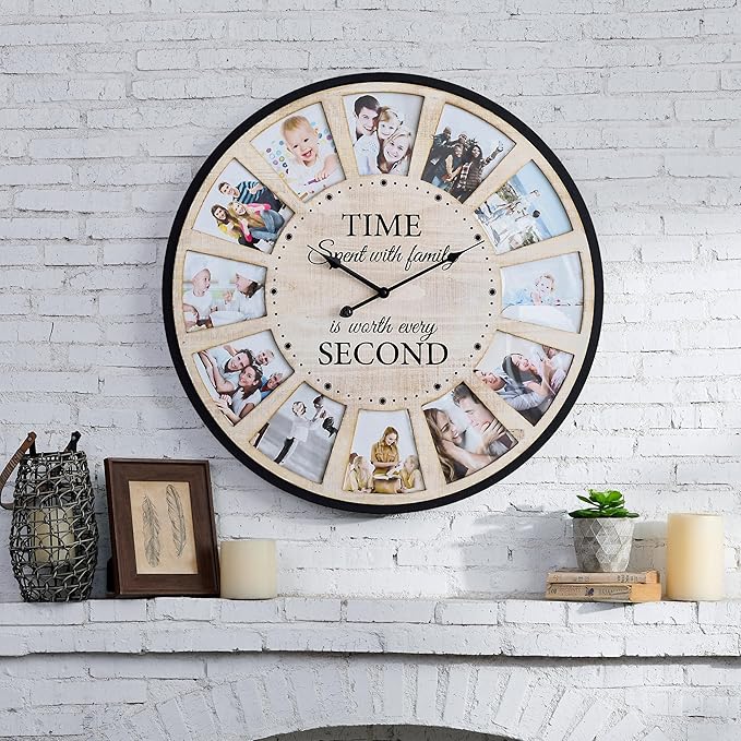 12 Photo Collage Rustic Wood Farmhouse Wall Clock, Large Family Picture Wall - Image 4