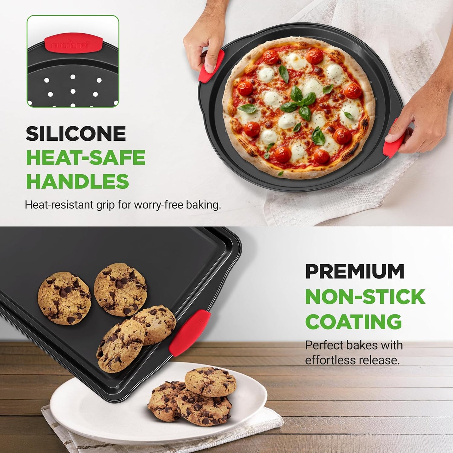 NutriChef Non-Stick Kitchen Oven Baking Pans-Deluxe & Stylish Nonstick Gray Coating Inside Outside, Commercial Grade Restaurant Quality Metal Bakeware with Red Silicone Handles NCSBS8S, 8 Piece Set