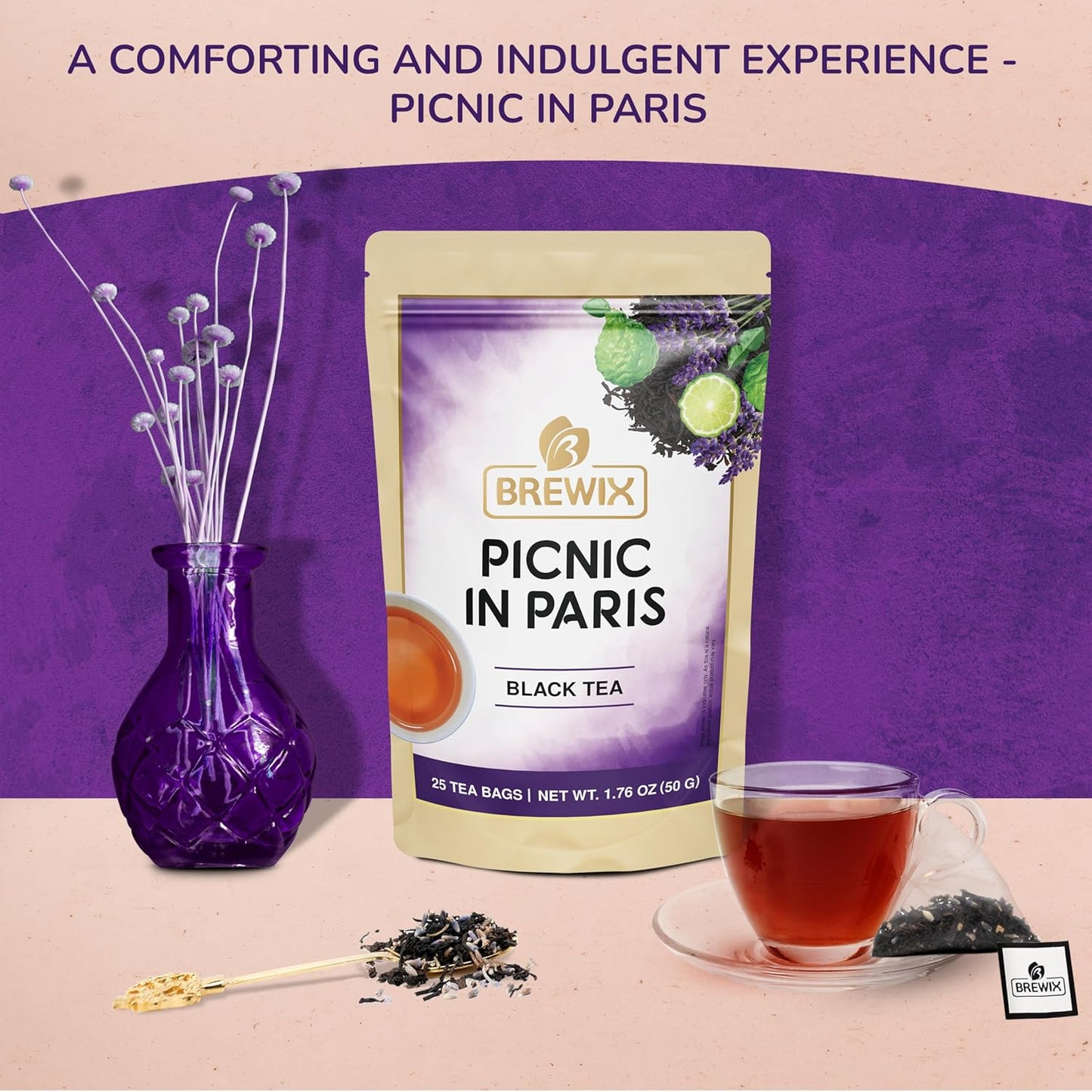 BREWIX, Earl Grey with Lavender Tea, Picnic in Paris Black Tea (25 Pyramid Tea Bags) | Black Tea with Bergamot, Lavender and Vanilla Notes | Gourmet Tea