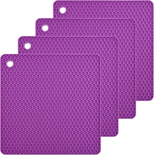 Silicone Trivets Mats, Hot Pads for Pot Holder, Square Trivets for Dishes, Pots and Pans, Multi-Purpose Kitchen Counter Pads, Non-Slip Heat Resistant Mats Set 4 Purple