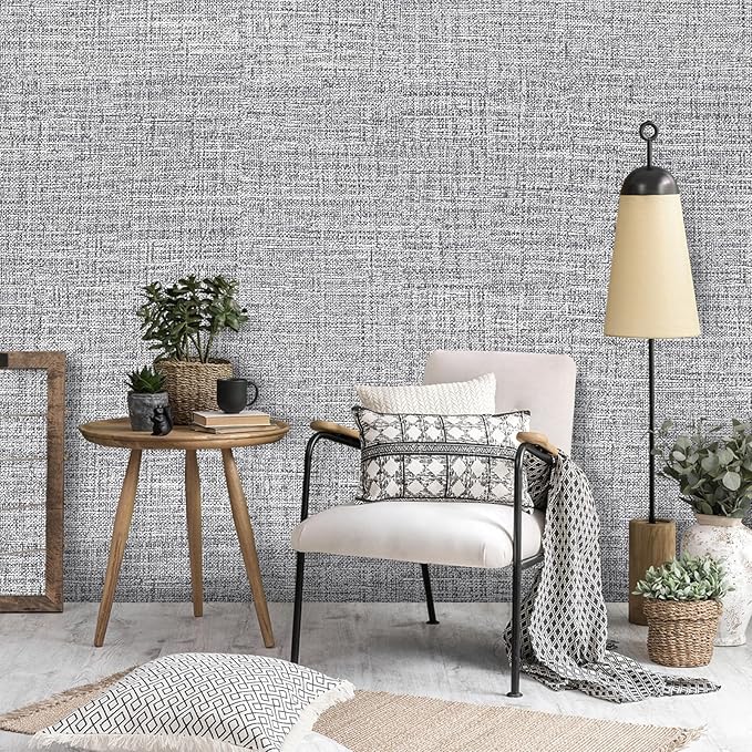 Grey Grasscloth Peel and Stick Wallpaper 17.3"x300" Faux Linen Textured Contact - Image 5