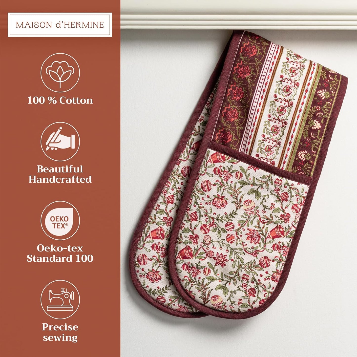 Maison d' Hermine Double Oven Mitts 100% Cotton 7"x35" Double Oven Mitt Heat Resistant BBQ Cooking Gloves with Loop, Baking, Grilling, Home, Kitchen, Handling Hot Pans (Reveillon Au Jardin)