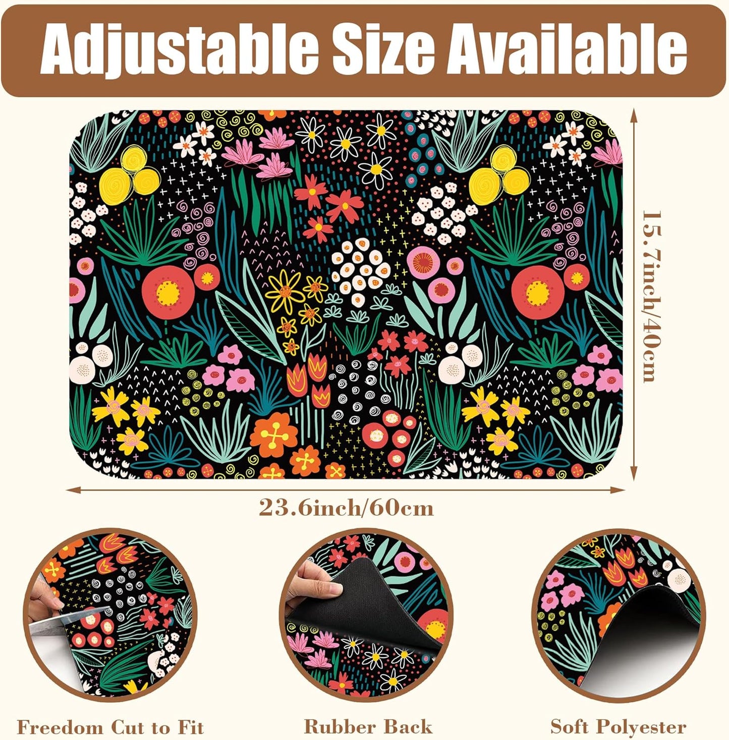 Dish Drying Mat Doodle Flower Meadow Coffee Bar Mat for Countertop Absorbent Rubber Backed Hide Stain Dish Drainer Rack Pad Coffee Pot Espresso Machine Dining Room Decoration 15.7 x 23.6 Inch