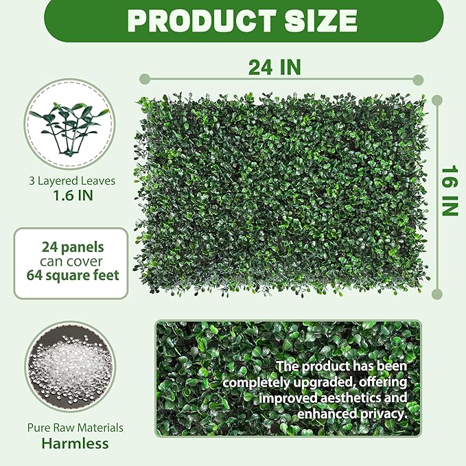 ODTORY Artificial Grass Wall Panels, 24 x 16 in 24P UV-Resistant Faux Boxwood - Image 2